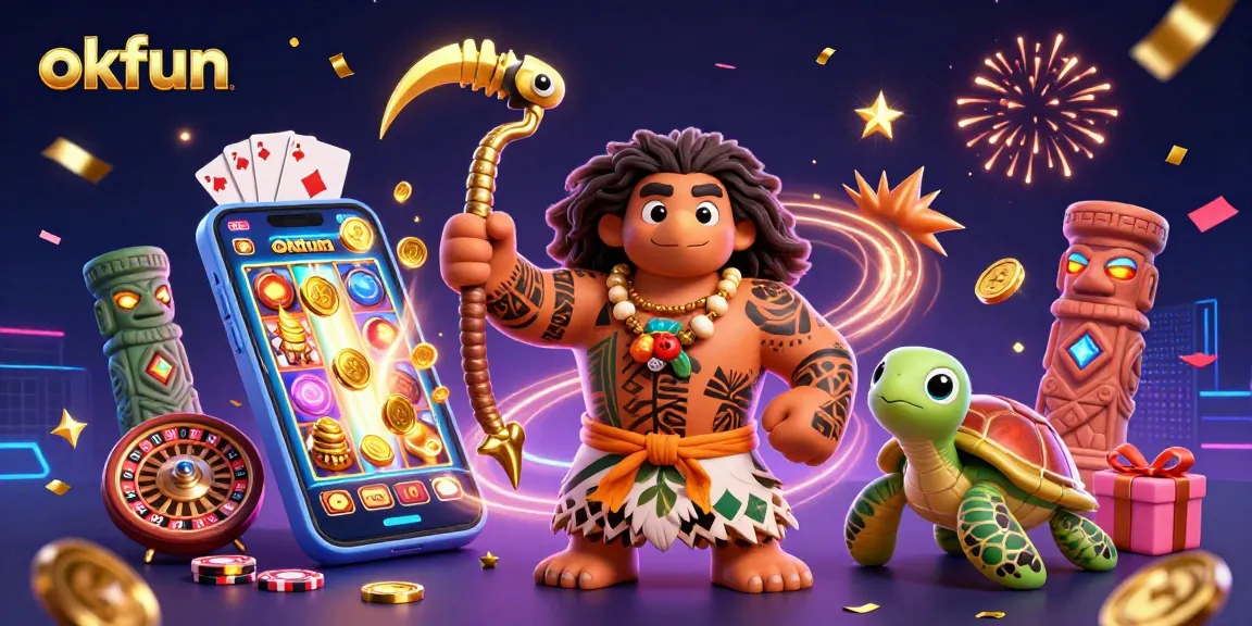 Engage with the excitement of okfun as a cartoon hawk and turtle explore vibrant casino games.