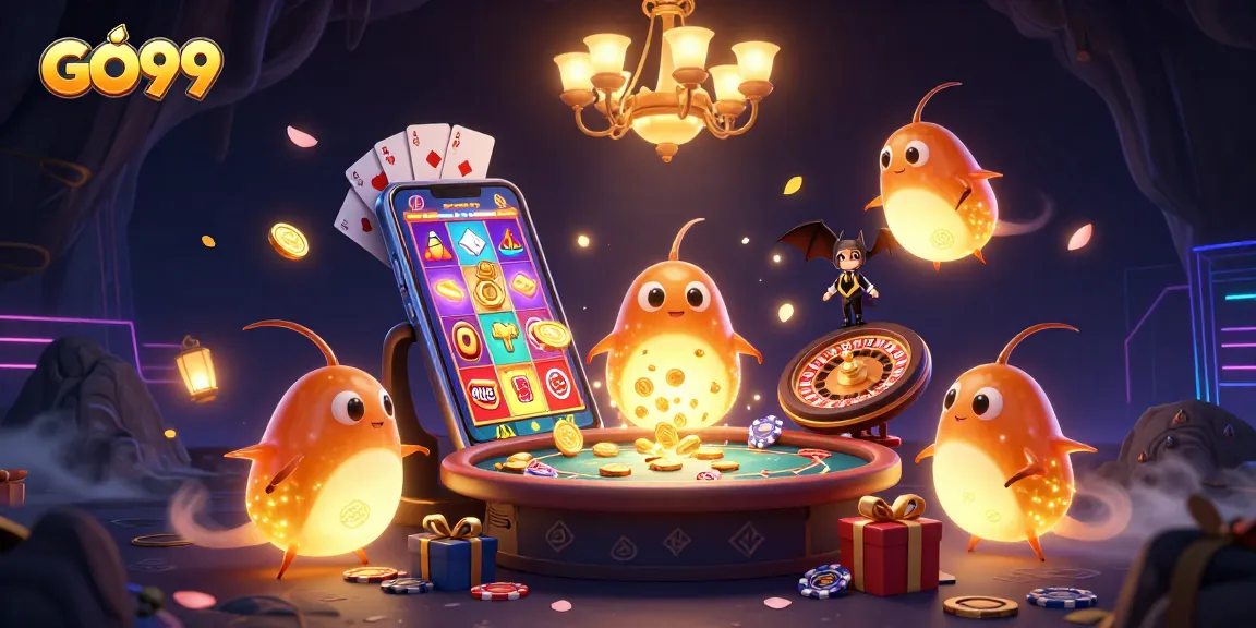 Experience GO99's vibrant gaming atmosphere with glowing characters and exciting casino elements.