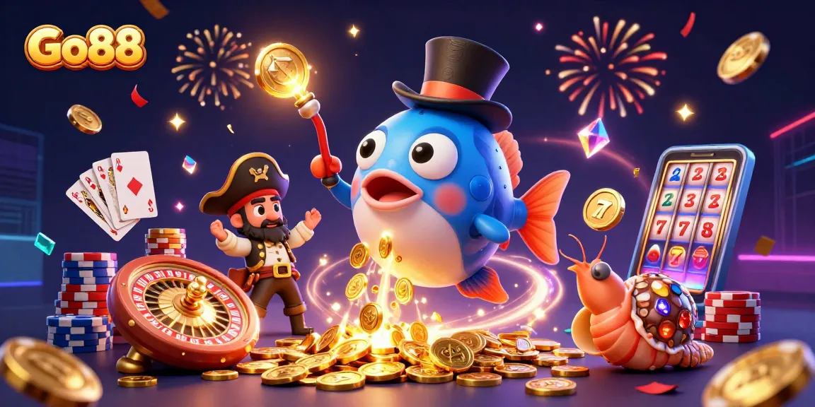 Play thrilling games at Go88 while a pirate shrimp guards golden coins in this vibrant scene.