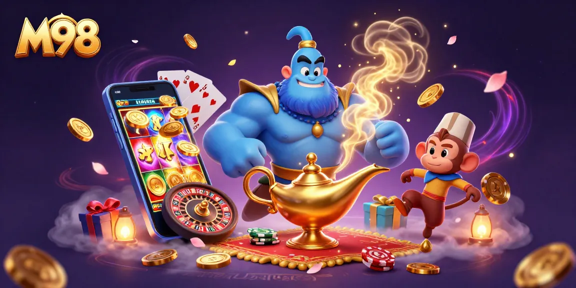 M98 shows colorful slot games, golden coins, and a genie with poker chips in a vibrant 3D casino scene.