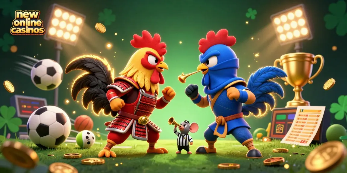 Engage with new online casinos through a vibrant scene of competitive roosters and gaming elements.