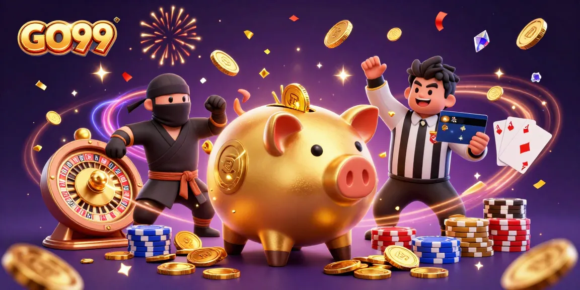 Experience thrilling action at GO99 with dynamic casino scenes featuring vibrant characters and gold!